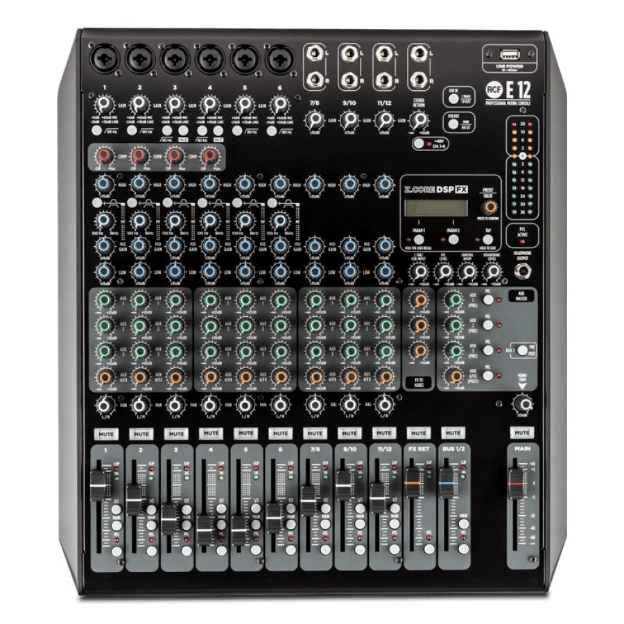 RCF 12-CHANNEL MIXING CONSOLE WITH SUPERIOR EFFECTS AND EQs. E 12 -